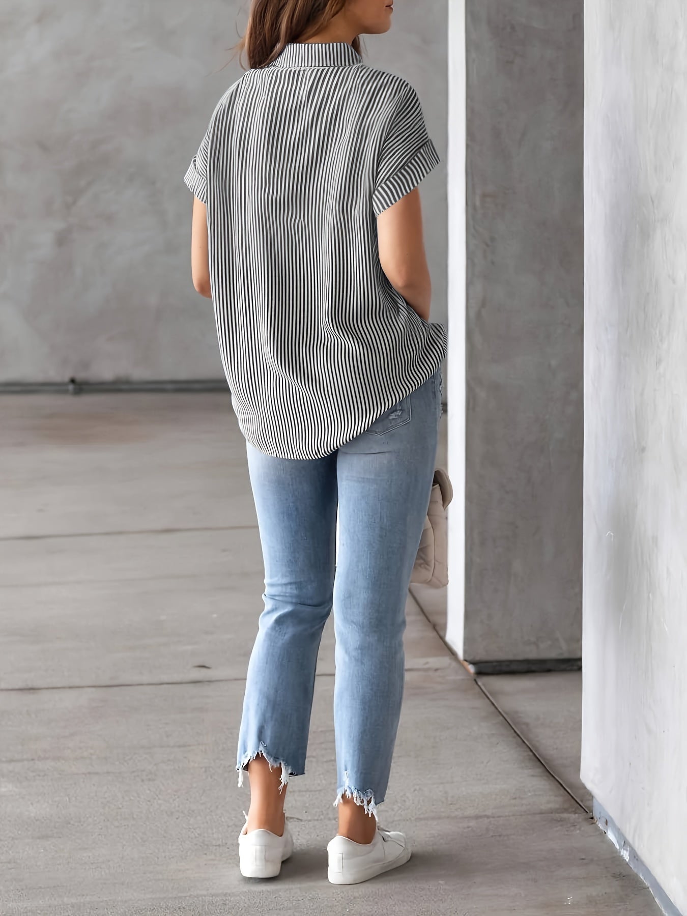 Lumié Vertical Striped Button-Up Shirt – Elegant Short Sleeve Blouse for Women